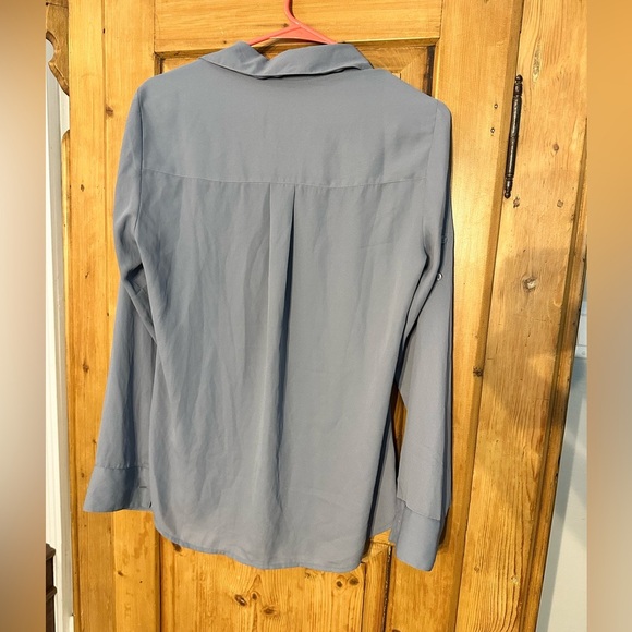 Express Blue Gray Button Up w/Deep V Blouse Size Medium - Picture 3 of 7